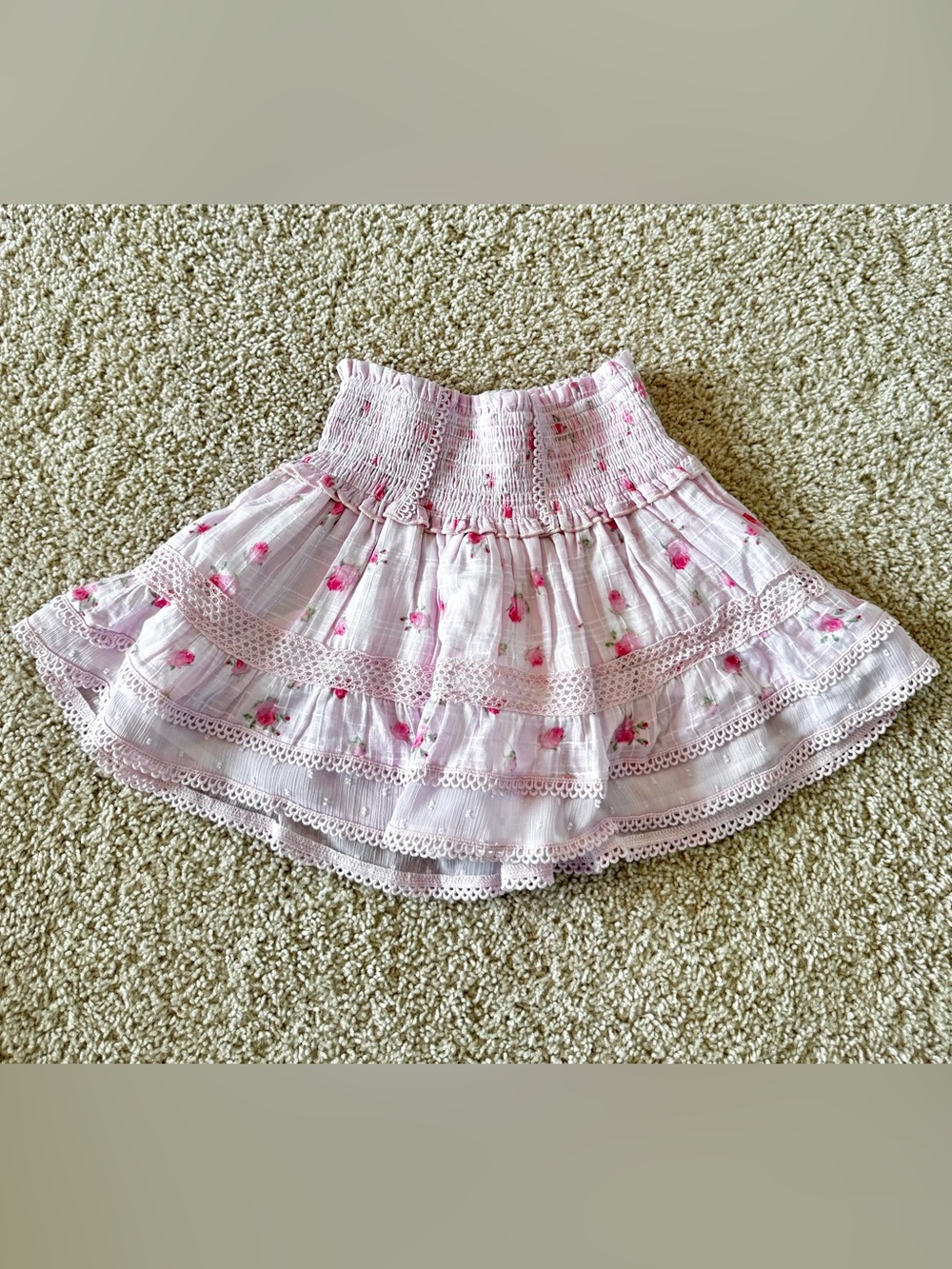 Katie J NYC Pink Floral Tiered Skirt with Lace Trim